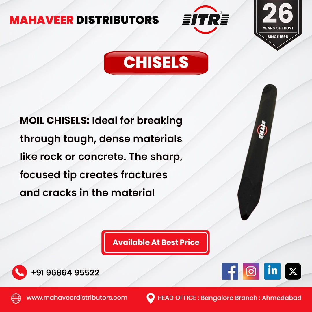 mahaveeritr's tweet image. Break tough materials with Pointed, Flat, or Moil Point chisels—durable, reliable, and perfect for demolition jobs!

#MahaveerDistributors #ITR #Chisels #DemolitionTools #BreakingThrough #ConstructionEquipment #FlatChisel #PointedChisel #MoilPointChisel #ConcreteDemolition