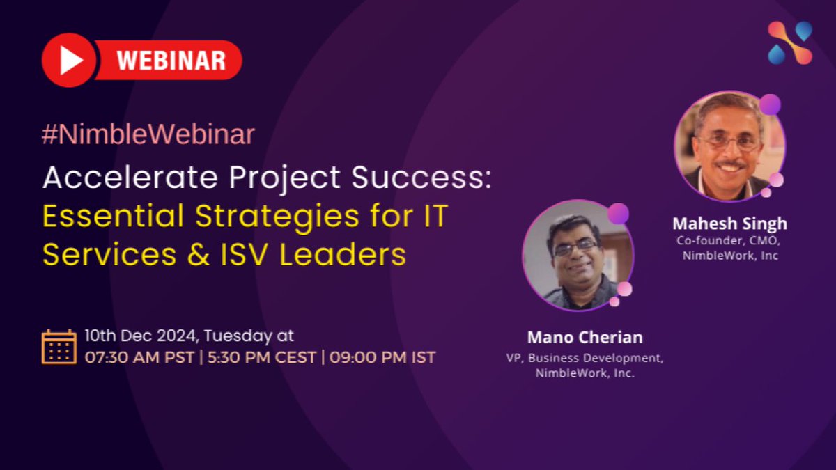 nimbleworkinc's tweet image. Are your projects delivering their best results? Join our exclusive webinar to uncover how an Integrated Project Management (IPM) system can elevate your project success to the next level.
Register here: zoom.us/webinar/regist…
#ProjectManagement #AgileMethodology #NimbleWork…