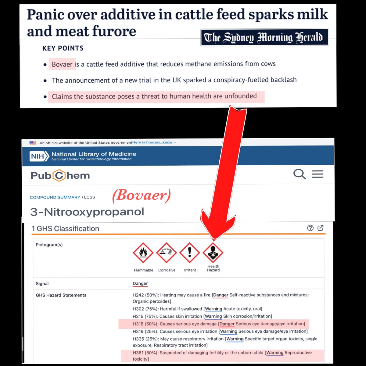 craigkellyAFEE's tweet photo. SYDNEY MORNING HERALD PUBLISHES BOVAER MISINFORMATION 

Yesterday the SMH published a pro-BOVAER story which asserted as a "Key Point" about Bovaer;

"Claims the substance poses a threat to human health are unfounded"
https://t.co/6GIPRoqYhR

They may as well claimed it was "safe & effective"

However this assertion by the SMH is in direct conflict with the listing for 3-Nitrooxypropanol (marketed under the name BOVAER)* from the US National Institutes of Health (NIH) , which using the safety & hazard warnings of the Globally Harmonized System of Classification and Labeling of Chemicals, list it as a "Health Hazard". 

https://t.co/DBOPYKVSVR

I trust the SMH will do a retraction. 

* NB: The US FDA state that 3-nitrooxypropanol (3-NOP) is marketed as Bovaer® 
https://t.co/UGj1Zi210D