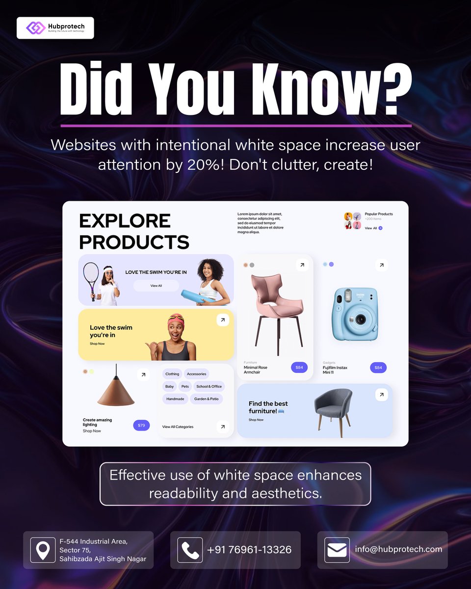 hubprotech's tweet photo. Want to attract your #Audience? Utilize the power of #WhiteSpace! Clean, uncluttered #Designs boost #UserAttention by 20%. It’s time to declutter and create stunning, effective #Websites!
.
#DesignTips #WebDesign #Hubprotech #Mohali #BestAgency #UserExperience #UIUX #ContactUs https://t.co/uko6HOyf82