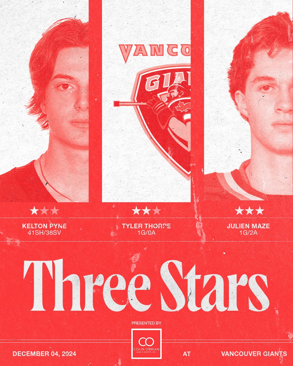 WHLPats's tweet photo. Colin O'Brian Three Stars of the game!
🌠Kelton Pyne
⭐️⭐️ Tyler Thorpe
⭐⭐⭐ Julien Maze
#ReginaPatsHockey #SeeThemRise #whl #REGvsVAN https://t.co/GNPBUhixs4