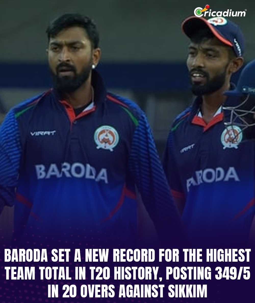 Cricadium's tweet photo. 🚨 BARODA MAKES HISTORY 🚨
Baroda sets the record for the Highest Ever Total in T20 History, posting an incredible 349/5 in 20 overs in the Syed Mushtaq Ali Trophy. 🤯
#Baroda #T20History #SyedMushtaqAliTrophy #RecordBreaking #Cricket #HighestTotal https://t.co/qQDE7KUzVL