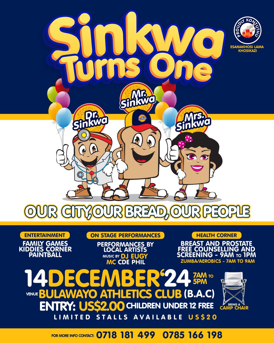 🎉 Mr. Sinkwa Turns 1! 🎉
Join us at Byo Athletics Club (BAC) on December 14th for a day of fun, flavor, and celebration! 🎂🍞 Let’s make memories together as we celebrate our journey with the City of Kings and Queens.

Don’t miss out—see you there! 

#Sinkwa@1 #SinkwaTurns1