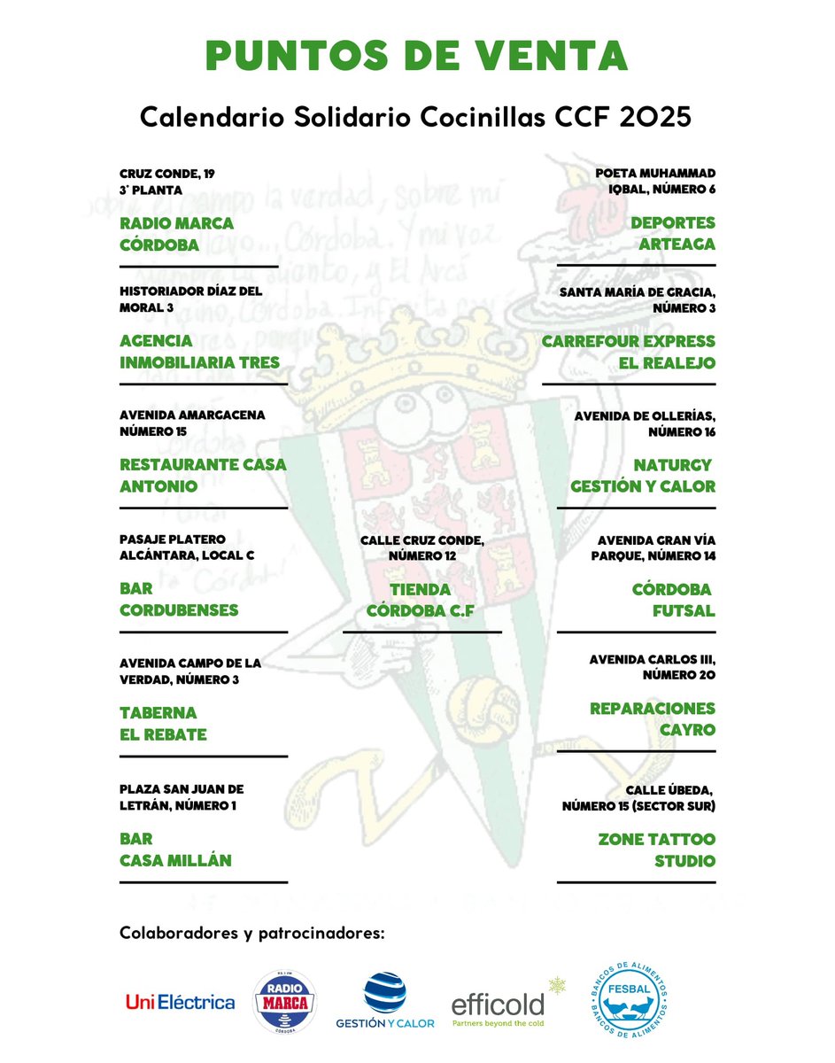 Cocinillasccf (@cocinillasccf) on Twitter photo Ya está aquí el #CalendarioSolidario 2025 de <a href="/PepeFarruqo/">Pepe FⒶrruqo</a> . Disponibles tanto grandes como de sobremesa-. Al precio de 3 € cada uno con recaudación íntegra para el <a href="/balimentos/">Banco de Alimentos Córdoba</a>. Aquí tienes los puntos de venta. Gracias a: <a href="/UniElectrica/">UniEléctrica</a> <a href="/GYCenergy/">Gestión Y Calor</a> <a href="/RadioMarcaCord/">Radio Marca Córdoba</a> y <a href="/efficold_sa/">efficold</a> Ya está aquí el #CalendarioSolidario 2025 de <a href="/PepeFarruqo/">Pepe FⒶrruqo</a> . Disponibles tanto grandes como de sobremesa-. Al precio de 3 € cada uno con recaudación íntegra para el <a href="/balimentos/">Banco de Alimentos Córdoba</a>. Aquí tienes los puntos de venta. Gracias a: <a href="/UniElectrica/">UniEléctrica</a> <a href="/GYCenergy/">Gestión Y Calor</a> <a href="/RadioMarcaCord/">Radio Marca Córdoba</a> y <a href="/efficold_sa/">efficold</a>