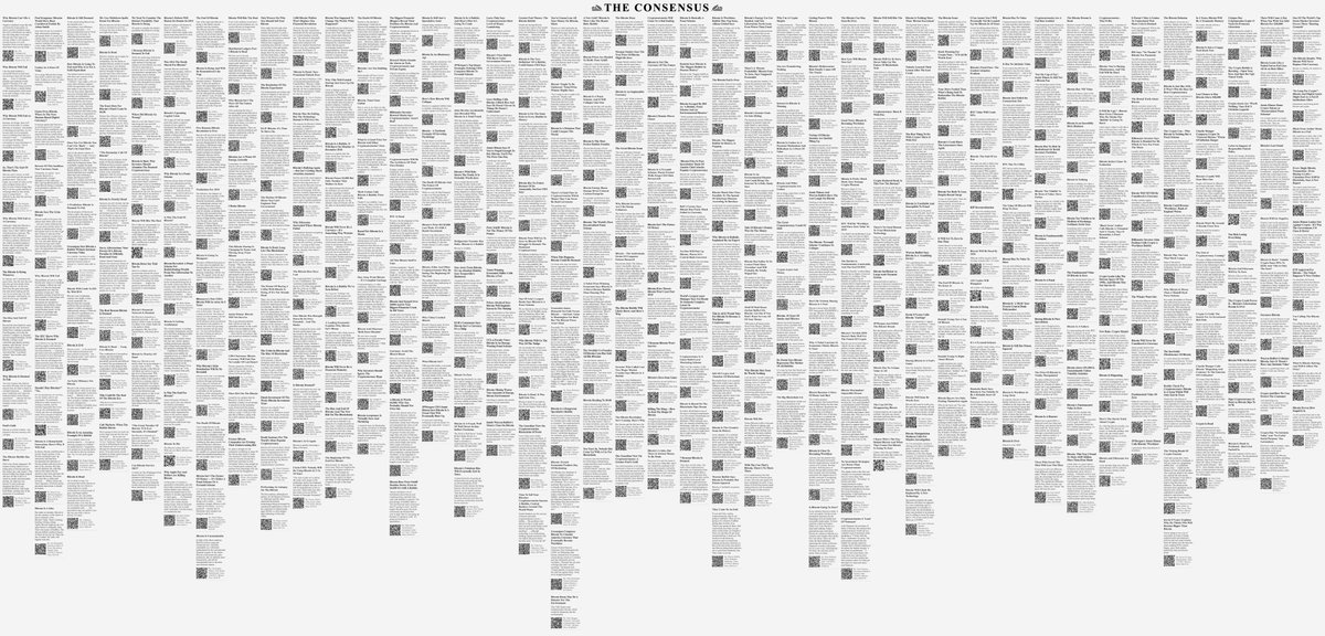 cryptoZR_'s tweet photo. <The Consensus>

The artist has compiled and presented selected evaluations of Bitcoin from mainstream media or notable individuals in chronological order since its inception. The work documents the commentators, their positions, article titles and contents, sources of information, publication dates, corresponding BTC prices, and original links. These opinions, spanning across time, form a certain consensus.

The ultimate fate of Bitcoin remains unknown. However, it is a fact that the price of Bitcoin has risen from $0.0025 during its first pizza transaction to $100,000 today—a 40-million-fold increase in less than 16 years. During Bitcoin’s journey to achieve widespread societal consensus, it has faced thousands of declarations of its impending demise. But why do people resist a new concept so strongly? What are the reasons behind these opinions? What psychological motivations drive people when expressing their views? If we could go back to the initial stages, could people objectively and without bias evaluate a new phenomenon? Could they resist following mainstream perspectives and arrive at their own independent conclusions? More importantly, would they have the courage to overturn their original conclusions at any point over a decade or more?

As crypto culture gradually influences global politics, technology, and finance, we have seen countries like the United States and Russia shift from skepticism to support, while Warren Buffett steadfastly maintains his view that Bitcoin is “rat poison squared.” Perhaps the real consensus does not come from mainstream media but from every individual willing to invest real money to support it.

Note: All data in the artwork is sourced from publicly available information on the internet. The artist does not assess the validity of the information, and approximately 10% of the web links have been deleted by media outlets or authors.

Click the link below to view the artwork <The Consensus>
https://t.co/H11vuj84XO

#CryptoArt #conceptualart