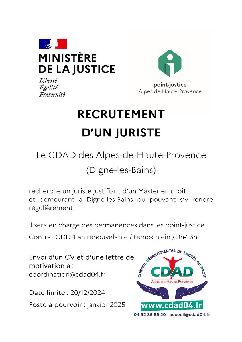 cdad04's tweet photo. [ EMPLOI 💼 ] 

🟢 Le Cdad04 recrute un/une juriste ! 

Merci de diffuser cette offre autour de vous 📣🗣👥️

#recrutement #offredemploi #AccesAuDroit https://t.co/iHh6XkWfnI