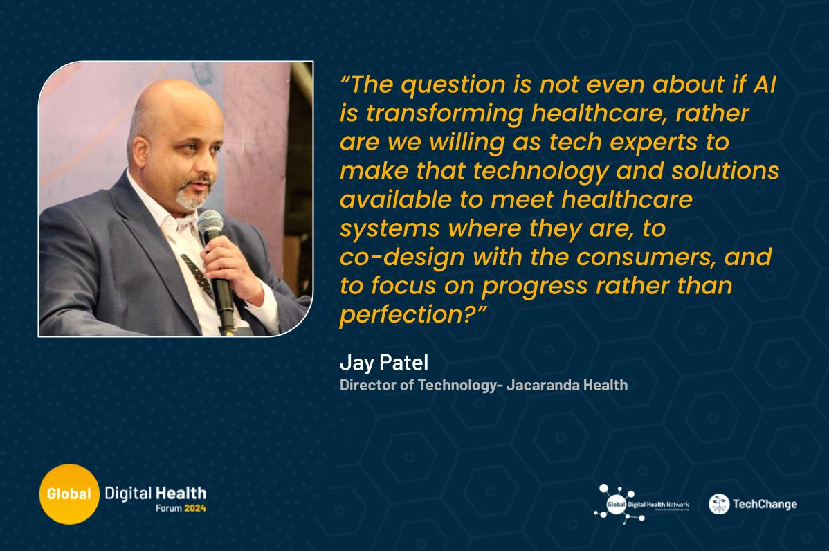 Onyimbi (@tucci_nelson) on Twitter photo According to Jay Patel of <a href="/JacarandaHealth/">Jacaranda Healthcare</a>, the elephant in the house is the willingness to make tech and digital solutions available to meet healthcare systems where they are and to focus on constant progress. rather than perfection
<a href="/TechChange/">TechChange</a>
#GDHF2024
#DiGiTALhealth #eHealth According to Jay Patel of <a href="/JacarandaHealth/">Jacaranda Healthcare</a>, the elephant in the house is the willingness to make tech and digital solutions available to meet healthcare systems where they are and to focus on constant progress. rather than perfection
<a href="/TechChange/">TechChange</a>
#GDHF2024
#DiGiTALhealth #eHealth