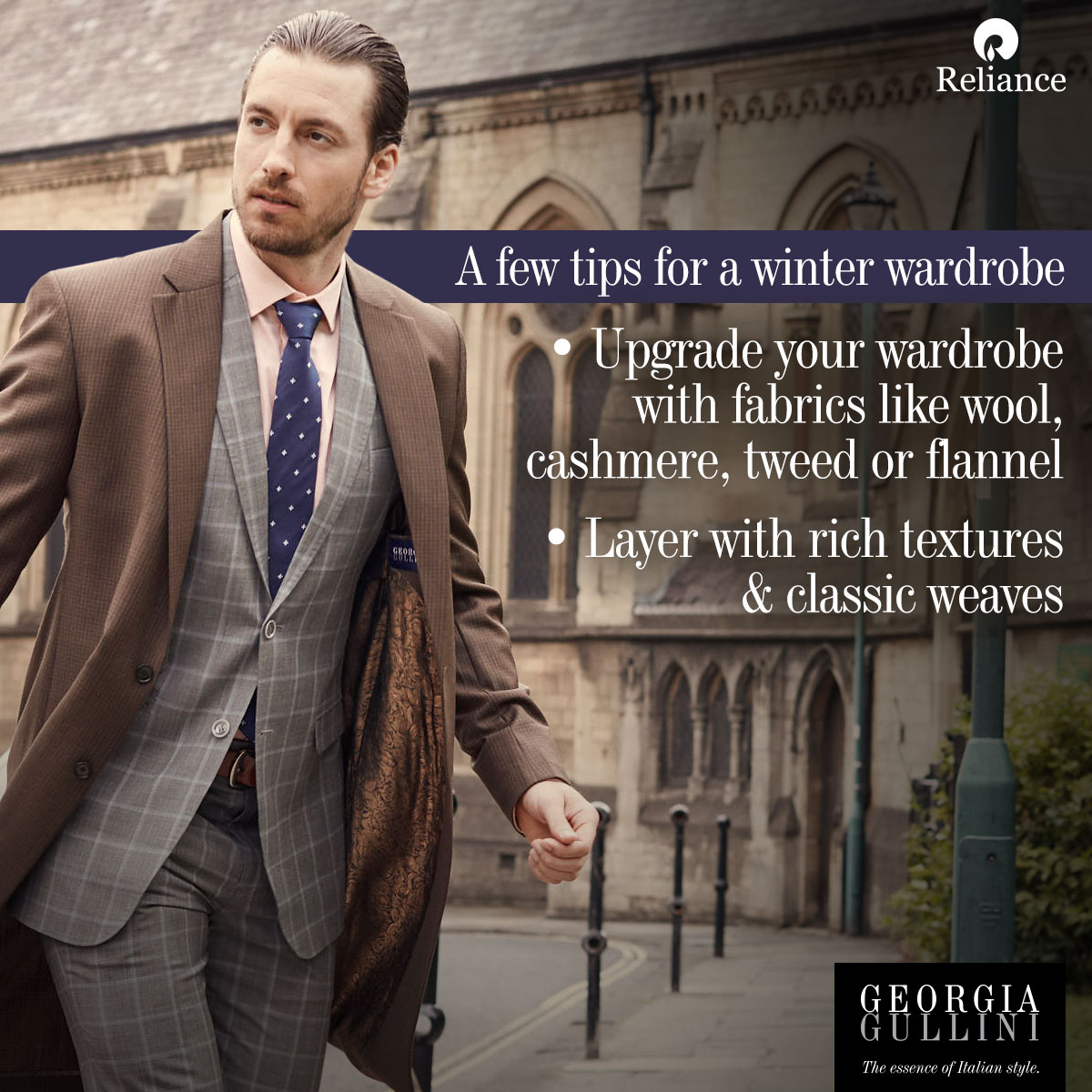 GeorgiaGullini's tweet photo. Welcome the cool season with refined fabrics and thoughtful layering. Let your wardrobe balance warmth & versatility.
#GeorgiaGullini #GeorgiaGulliniIndia #Reliance #RelianceIndustries #RelianceTextiles #WinterStyle #WinterSuits #WinterTips https://t.co/ZqOarELgye