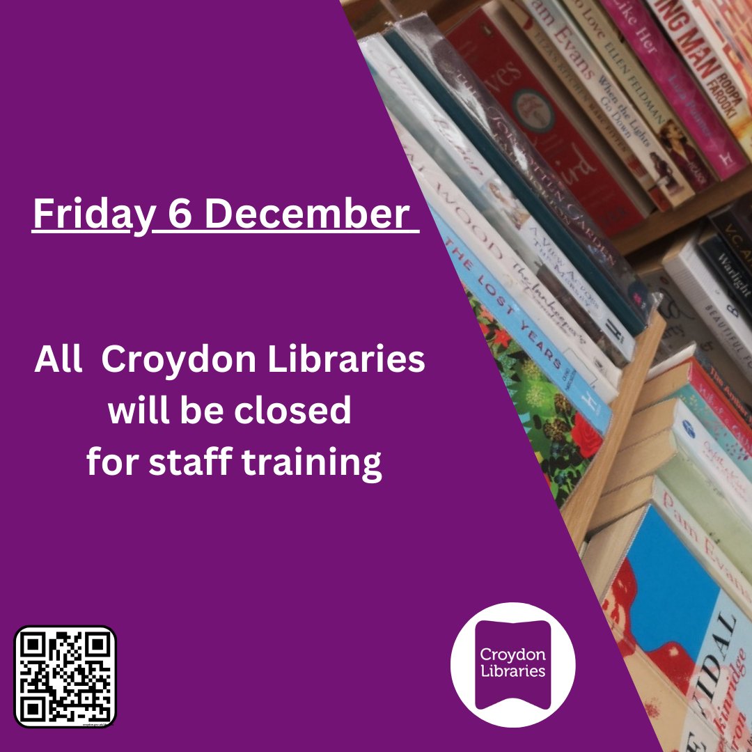 Croydon Libraries (@croydonlibs) on Twitter photo #CroydonLibraries will be closed tomorrow (Friday 6 December) all day for staff training.
<a href="/yourcroydon/">Your Croydon</a> <a href="/MuseumOfCroydon/">Museum of Croydon</a> <a href="/CALATCroydon/">CALATCroydon</a> <a href="/culturecroydon/">Culture Croydon</a> #CroydonLibraries will be closed tomorrow (Friday 6 December) all day for staff training.
<a href="/yourcroydon/">Your Croydon</a> <a href="/MuseumOfCroydon/">Museum of Croydon</a> <a href="/CALATCroydon/">CALATCroydon</a> <a href="/culturecroydon/">Culture Croydon</a>