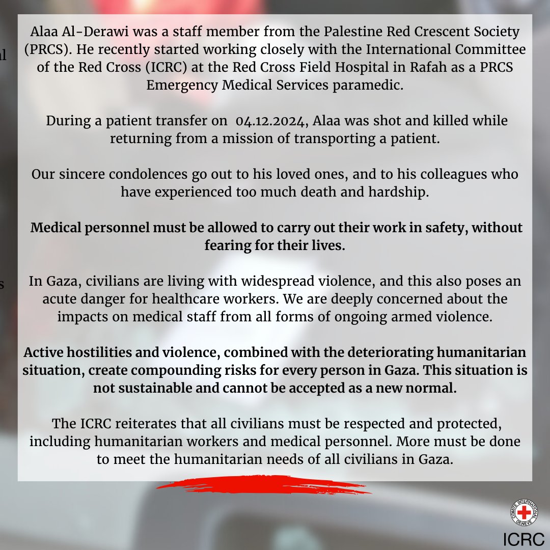 ICRC_ilot's tweet photo. We are heartbroken to confirm that another medical worker from @PalestineRCS has been killed while providing life-saving services for the people in Gaza. https://t.co/t5QTDJa82o