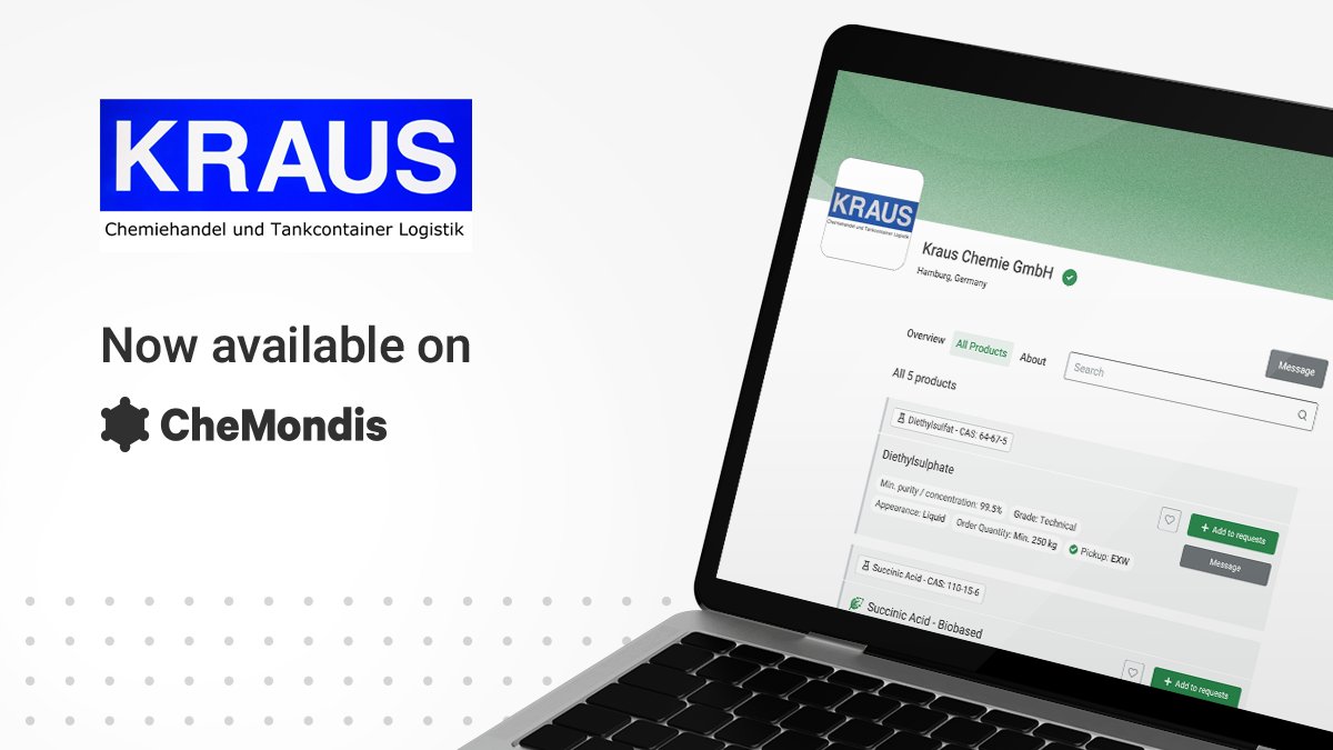 We’re thrilled to partner with Kraus Chemie GmbH, a trusted leader in the chemical industry for over 25 years! Their offering varies from alkylating agents to biochemicals.

Explore more here: bit.ly/4ilxCEU

#CheMondis