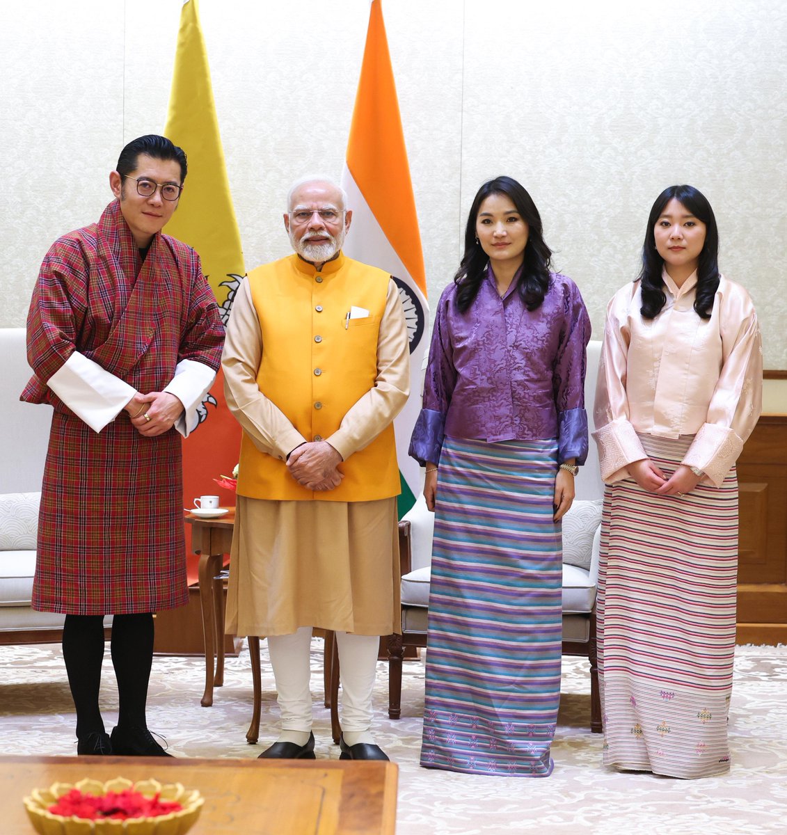 Delighted to welcome Their Majesties, the King and Queen of Bhutan, to India. Admire His Majesty Jigme Khesar Namgyel Wangchuck’s vision for Bhutan’s progress and regional development. We remain committed to advancing the unique and enduring partnership between India and Bhutan.