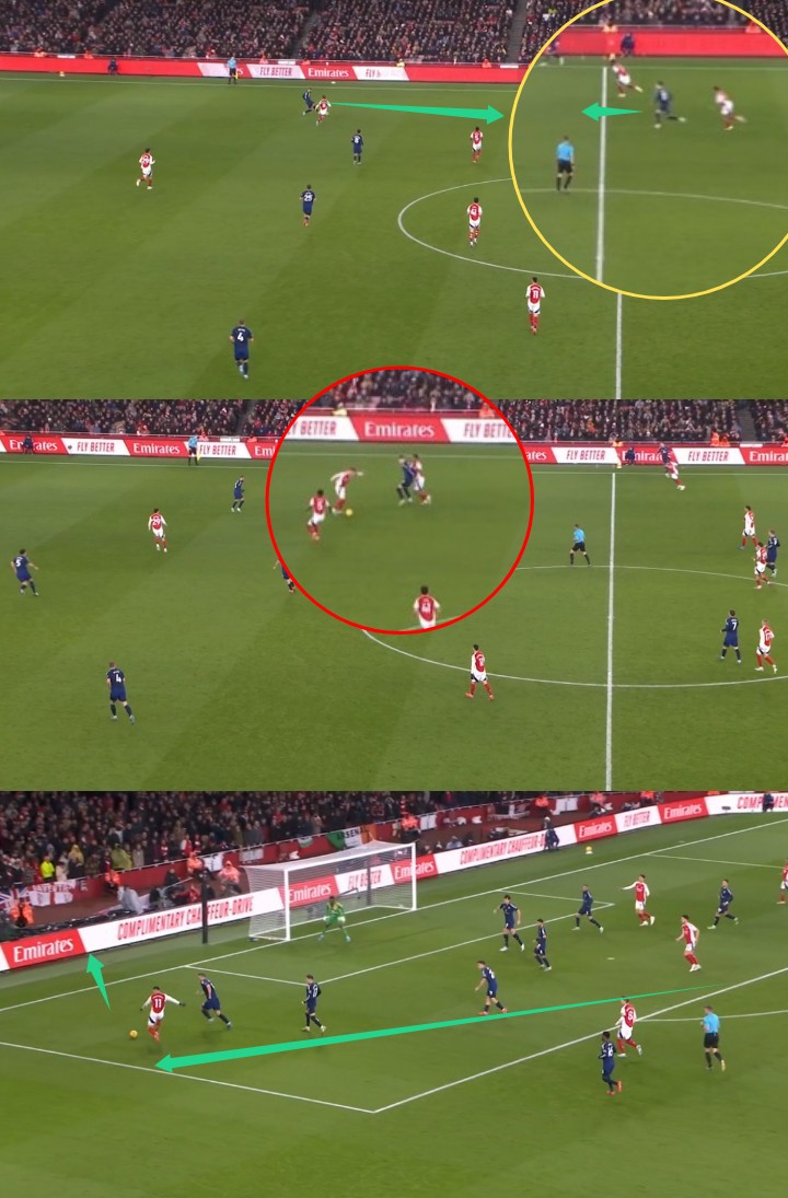 CarringtonView's tweet photo. Issues At No' 10!

- Garnacho in fairness does the right thing by dropping in to receive possession. Hojlund could also run in the Channel vacated by Timber.

- However the problem is that Garnacho is poor at protecting the ball, not good in the pockets, and lacks in overall quality. Bad first touch loses possession.

- Arsenal basically shift it to the left and Martinelli wins the corner and we concede.

Touches

Garnacho - 32
Amad - 21
Mount - 15
Zirkzee - 11

My problem is Garnacho isn't GOOD enough to be this prominent in our team. He shouldn't be having the most touches. He doesn't have the quality to make use of it as we need. He has certain qualities but  limited.

This is not necessarily a Garnacho issue. It's we need more quality in the 10's issue. I actually thought Hojlund was good in the first half occupying their defenders and holding it up, winning fouls.