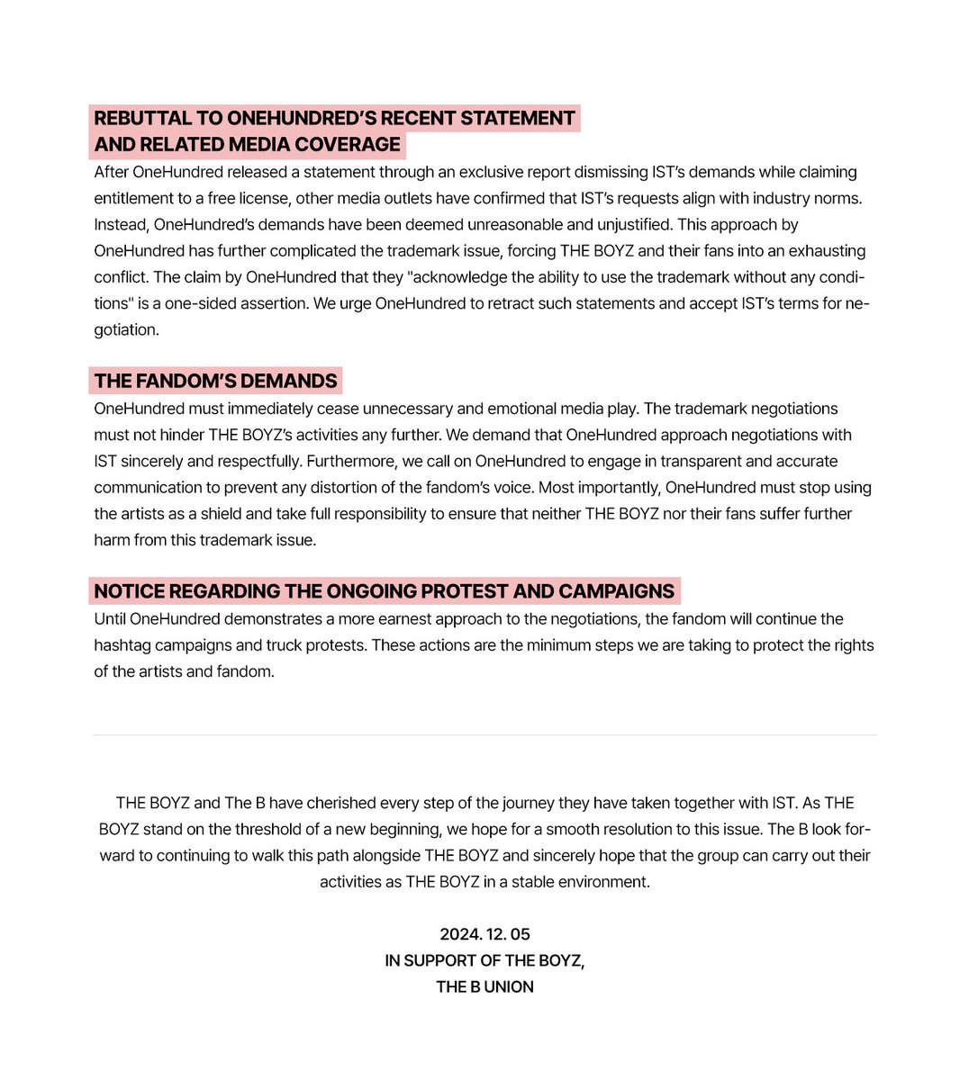 Dear international fans, we kindly ask for your continued interest and support.
#원헌드레드_말장난_멈춰
#원헌드레드_멤버방패_그만
#일방적_인지말고_합의하라
#더보이즈 #더비구함 #TheBoyz