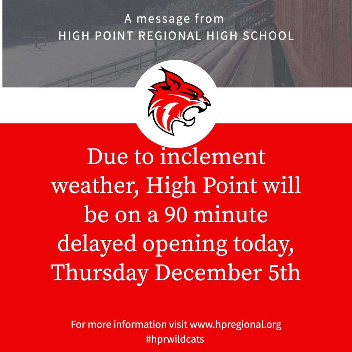 High Point will be on a 90 minute delayed opening today. #hprwildcats