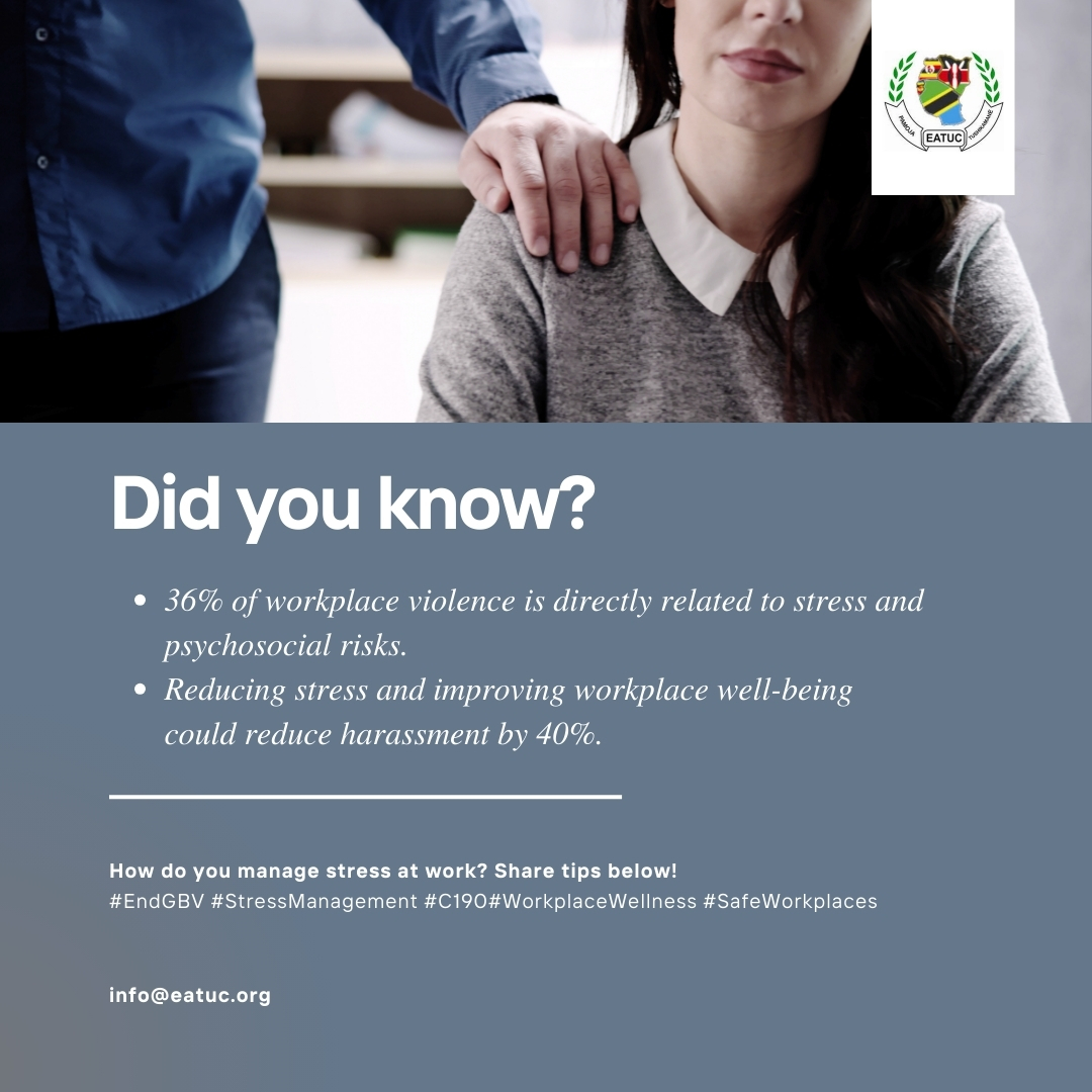 Did you know 36% of workplace violence is linked to stress and psychosocial risks? It doesn’t just affect our work—it leads to harassment and harm. By tackling stress and focusing on well-being, we can reduce harassment by 40%. How do you handle stress at work?#EndGBV  #C190