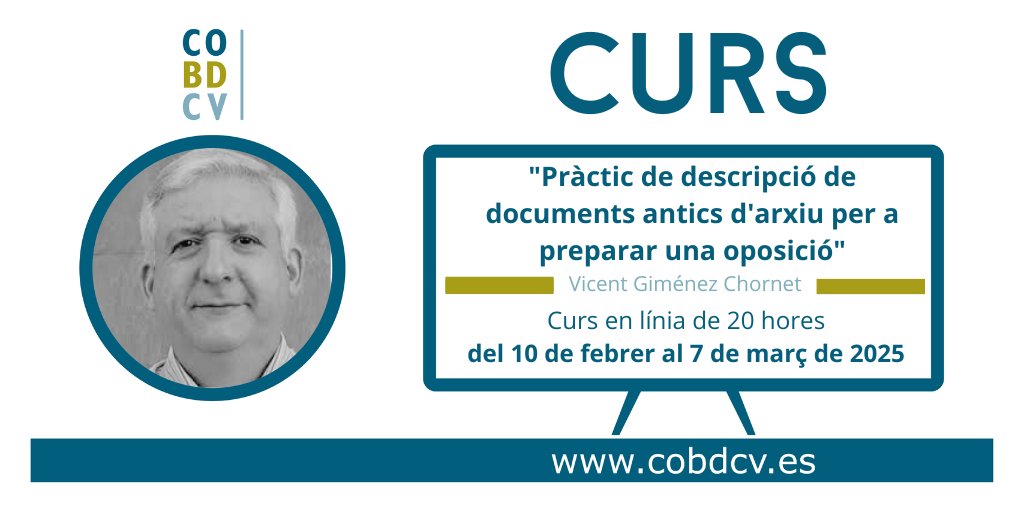 cobdcv's tweet photo. 👩‍🎓👨‍🎓A COBDCV comencem a obrir matrícula d’alguns dels cursos que ja tenim preparats per 2025.

👉 Curs Pràctic de descripció de documents antics d’arxiu, per preparar una oposició.

🖥️ En línia
📅 Del 10 de febrer al 7 març de 2025
👨‍🏫 @vicentgimenez 

👉 https://t.co/NWnXxTMjOO https://t.co/I8QyK8wAE3