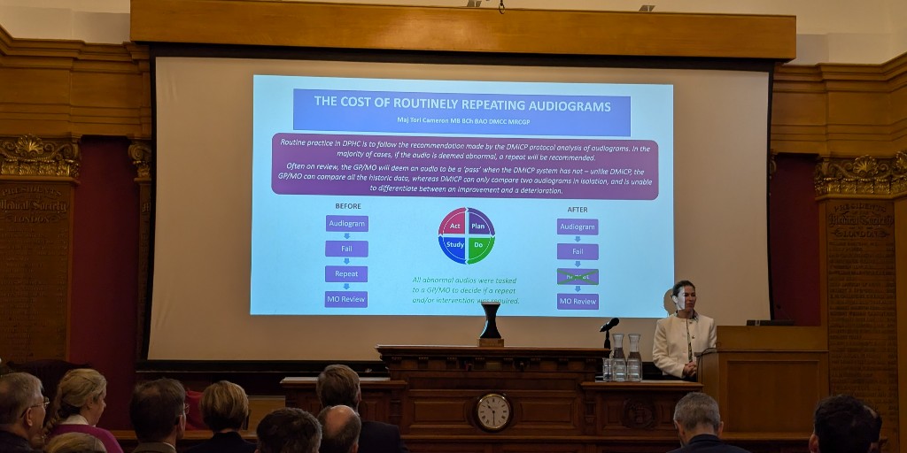 MilitaryH_BMJ's tweet photo. 📢 Maj Victoria Cameron presents: The Cost of Routinely Repeating Audiograms – a QI project focused on reducing unnecessary repeat tests to save time and resources while maintaining high standards. 🎧✨

#Colt24 #DefMedResearch @DMS_RCDM @DMS_MilMed @_Royal_AMS https://t.co/KbYb5tYOVP