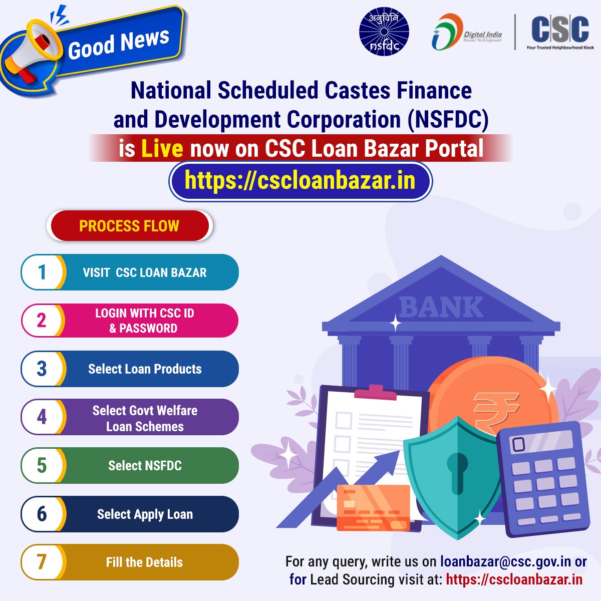 cscfinancial_'s tweet photo. National Scheduled Castes Finance and Development Corporation (NSFDC) is Live Now on the CSC Loan Bazar Portal.
For any query, write us on loanbazar@csc.gov.in For Lead Sourcing visit at: https://t.co/4icE6BeEpP
#CSC #CSCLoanBazar #NSFDC #DigitalIndia https://t.co/UYUr4C6FAT