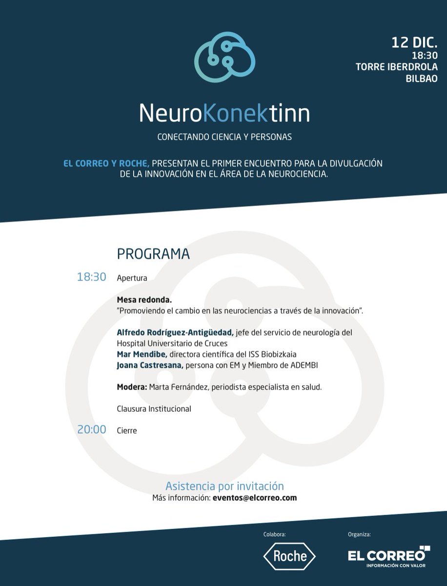 😉 Te interesan las #neurociencias? #IA? Quieres saber más del enigmático #cerebro? 
🔇 Foro NeuroKonektinn: Conectando ciencia y personas, organizado <a href="/elcorreo_com/">El Correo</a> colabora <a href="/RochePacientes/">Roche Pacientes</a> 
📍12 diciembre. Bilbao. Torre Iberdrola 
✅Con ponentes 🔝 <a href="/ARAntiguedad/">Alfredo Antigüedad</a> <a href="/mendibe_mar/">Mar Mendibe</a> 👇