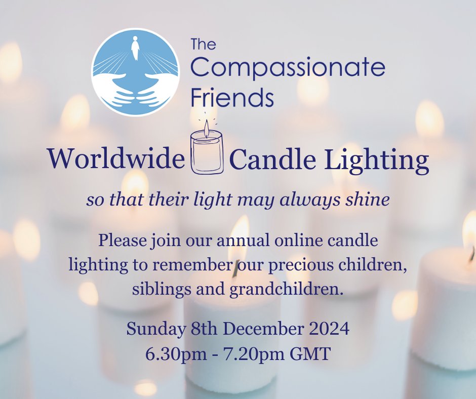 TCFcharityUK's tweet photo. Today is our #WorldwideCandleLighting event.
Join us online this evening to share words and light candles for our beloved children, siblings and grandchildren.
Reserve your place here https://t.co/5UHfQVoRaM
#TCF #WWCL https://t.co/CRd7bg9FMz