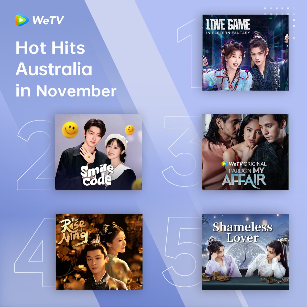 WeTVOfficial's tweet photo. #WeTV Australia Hot Hits in November🔥
#LoveGameinEasternFantasy #永夜星河
#SmileCode #失笑
#PardonMyAffair #WeTVOriginalJanganSalahkanAkuSelingkuh
#TheRiseofNing #锦绣安宁
#ShamelessLover #公子无双
#WeTVRanking
#WeTVAlwaysMore https://t.co/aZQeTqvbDr