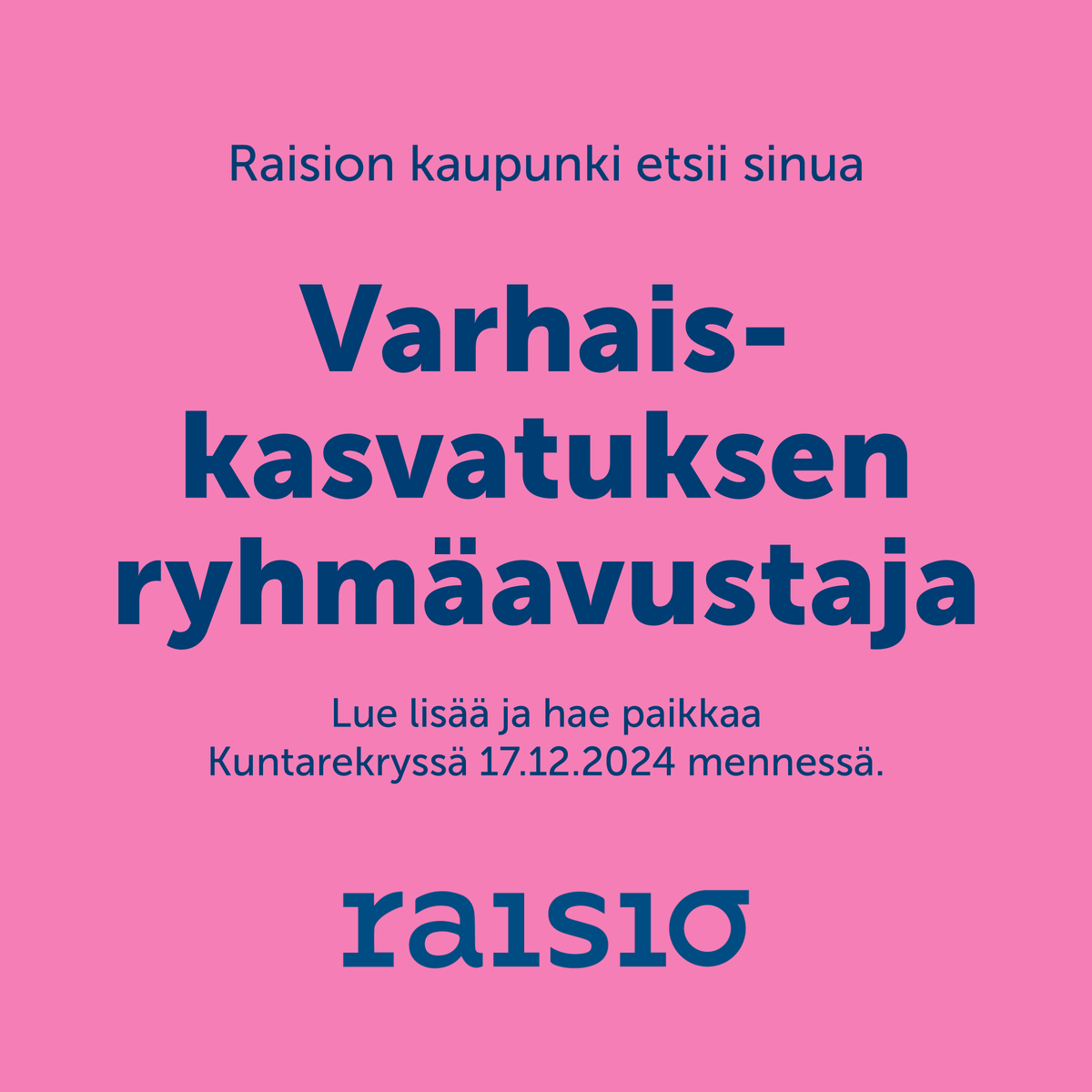 Raision kaupunki (@raisionkaupunki) on Twitter photo Tulisitko meille työkaveriksi? 💼
🔹 Perusopetuksen rehtori Mylly-Anttiin
🔹 Varhaiskasvatuksen opettaja Kerttulaan
🔹 Koulusihteeri Vaisaareen
🔹 Ryhmäavustaja Vaisaaren päiväkotiin
Nämä ja muut avoimet työpaikat löydät Kuntarekrystä.
kuntarekry.fi/fi/tyonantajat…
#raisio #rekry Tulisitko meille työkaveriksi? 💼
🔹 Perusopetuksen rehtori Mylly-Anttiin
🔹 Varhaiskasvatuksen opettaja Kerttulaan
🔹 Koulusihteeri Vaisaareen
🔹 Ryhmäavustaja Vaisaaren päiväkotiin
Nämä ja muut avoimet työpaikat löydät Kuntarekrystä.
kuntarekry.fi/fi/tyonantajat…
#raisio #rekry