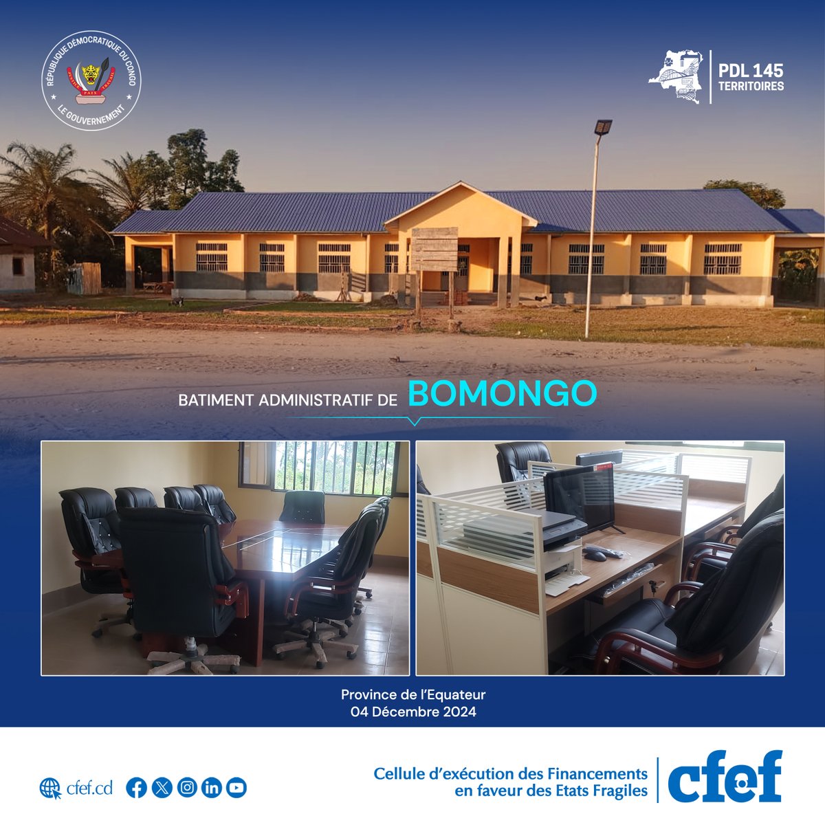 CFEF / Ministère des Finances RDC (@decom_cfef) on Twitter photo #PDL145T_RDC : Les travaux de construction et équipement du Bâtiment administratif du Territoire de Bomongo dans la Province de l'Equateur sont achevés. <a href="/DeCom_CFEF/">CFEF / Ministère des Finances RDC</a> <a href="/MinITP_RDC/">Ministère des Infrastructures et Travaux Publics</a> <a href="/PlanRdc/">Ministère du Plan et de la C.A.D 🇨🇩</a> <a href="/PrimatureRDC/">Primature de la République Démocratique du Congo</a>
#infrastructure #développement #territoire #rural #PDL145T_RDC : Les travaux de construction et équipement du Bâtiment administratif du Territoire de Bomongo dans la Province de l'Equateur sont achevés. <a href="/DeCom_CFEF/">CFEF / Ministère des Finances RDC</a> <a href="/MinITP_RDC/">Ministère des Infrastructures et Travaux Publics</a> <a href="/PlanRdc/">Ministère du Plan et de la C.A.D 🇨🇩</a> <a href="/PrimatureRDC/">Primature de la République Démocratique du Congo</a>
#infrastructure #développement #territoire #rural