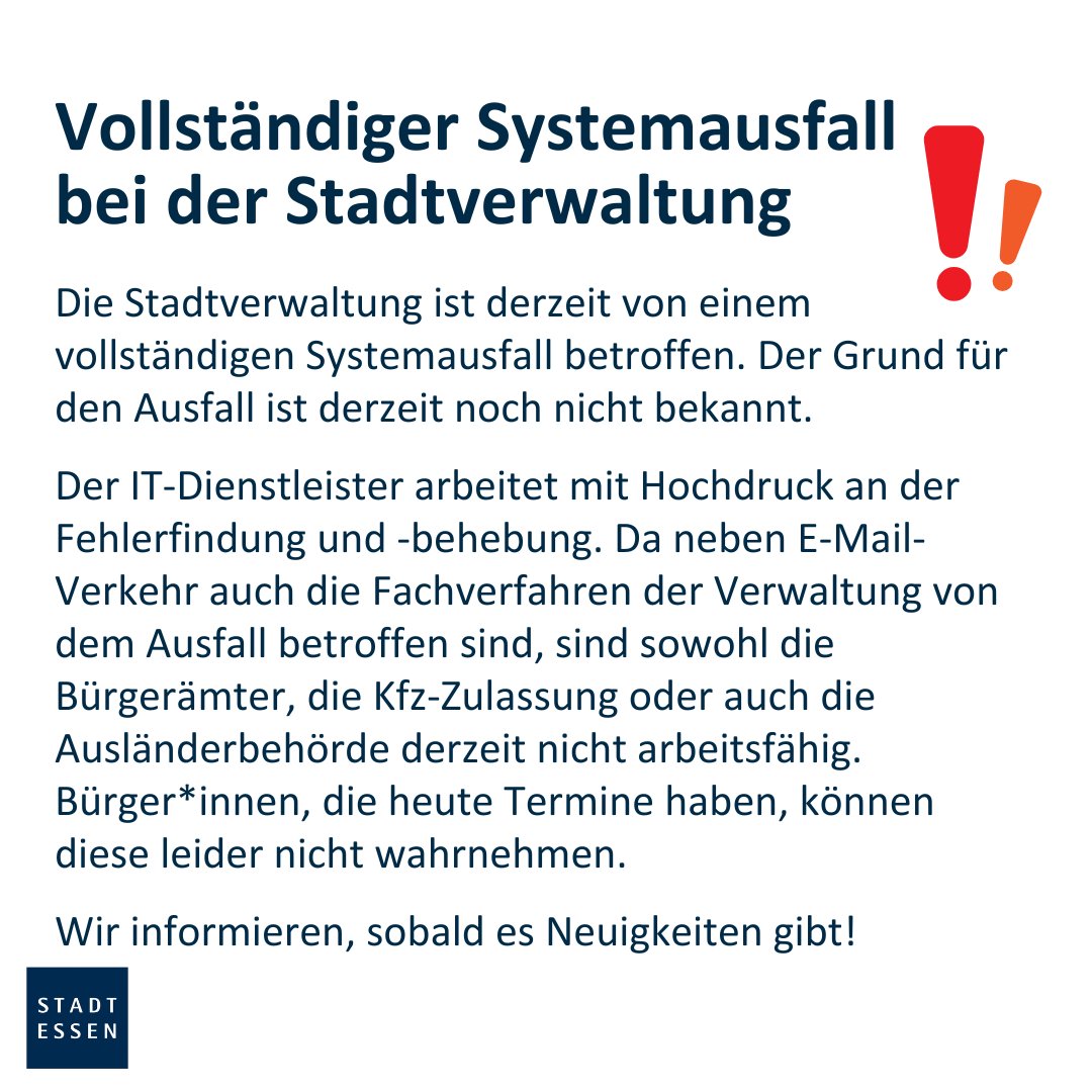 Essen_Ruhr's tweet photo. Derzeit ist die Stadtverwaltung von einem vollständigen Systemausfall betroffen. Wir informieren euch, sobald es Neuigkeiten gibt!
#stadtessen #essenruhr #systemausfall https://t.co/K3weCullVE