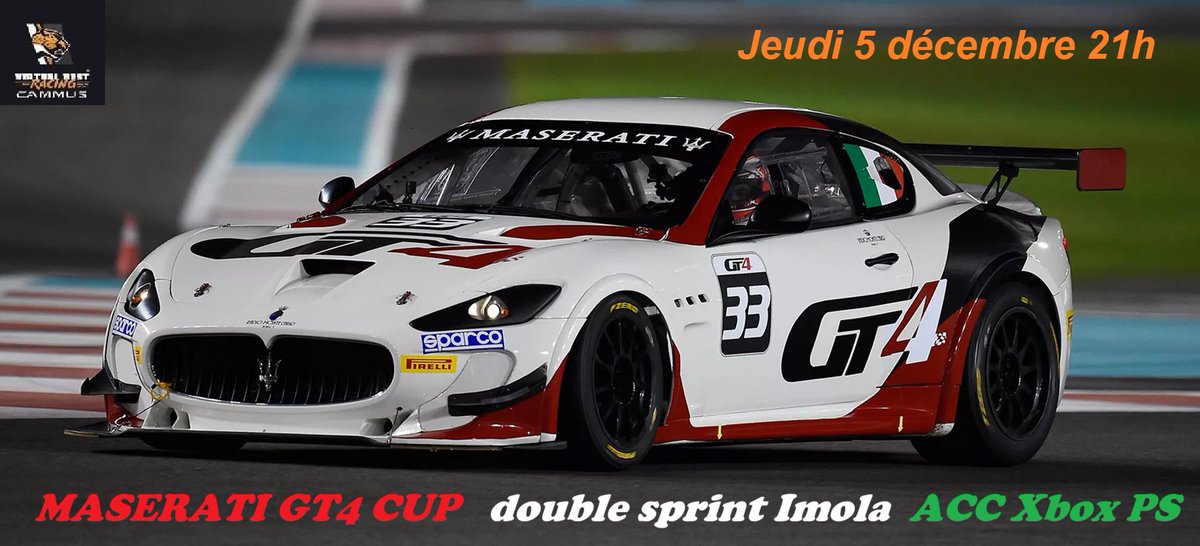 ConsoleToi's tweet photo. Rendez-vous ce soir dès 21h00 pour un double sprint de 25mins en Masereti GT4 sur Imola.
Course organisée par la VBR et diffusée sur https://t.co/n6yWq9iKbf

#acc #gt4 #twitch #simracing https://t.co/Qicu3ZgKAU