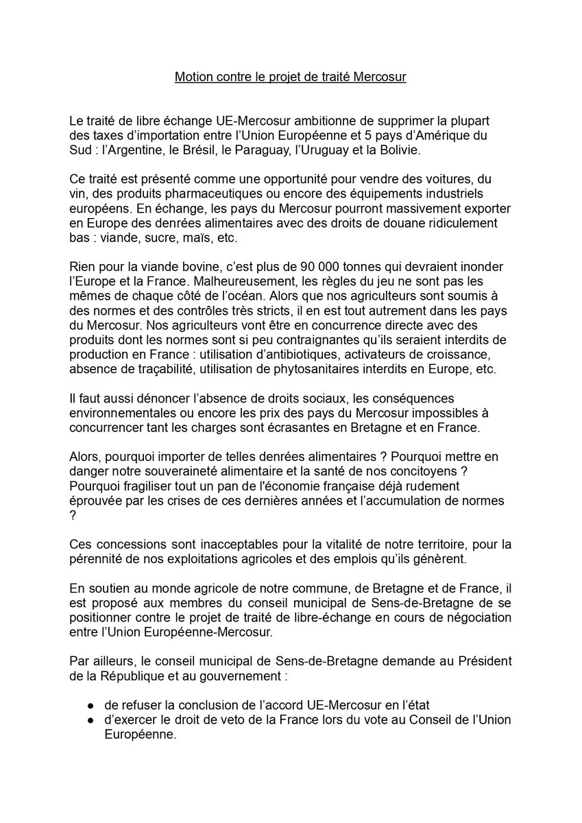 2015, je présente aux élus de Sens-de-Bretagne 1 motion antiTafta. 2024, le #Mercosur veut exporter des aliments trop concurrentiels et interdits en Fr. Pour nos #AgriculteursEnColère  et bien +, j'ai présenté 1 motion contre le Mercosur aux élus. Ils l'ont adoptée
<a href="/LaChronique35/">Chronique Fougères</a>