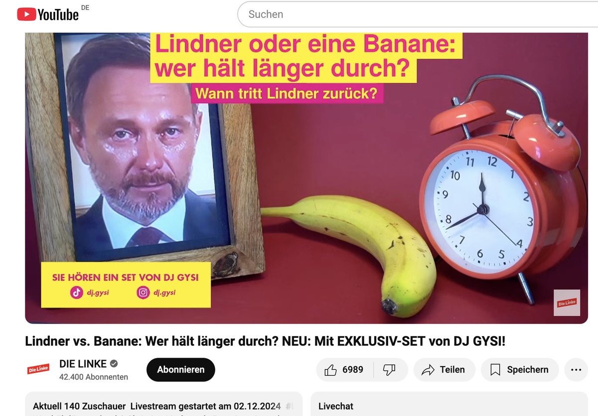 Geil im Livestream Banane vs. <a href="/c_lindner/">Christian Lindner</a> von <a href="/dieLinke/">Die Linke</a> läuft gerade ein Set von DJ Gysi und es sind einfach über hundert Menschen im Stream um das zu hören.  youtube.com/live/QSna_jFdo…

Stabile Musik mit <a href="/GregorGysi/">Gregor Gysi</a> 
❤️✊ 🍌🚩