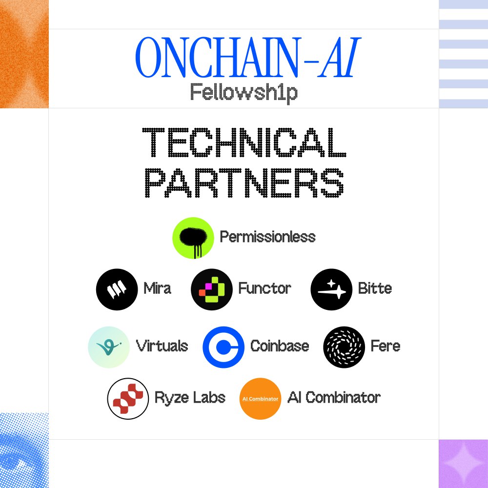 callusfbi's tweet image. 🚨 $25,000+ in prizes for building Onchain AI Agents in our fellowship!
A huge shoutout to our technical partners for making this possible.
Here’s what you can build: