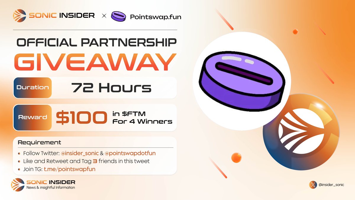 🎉 We're thrilled to host a giveaway event with #PointswapFun, The next-gen DEX-Token deployer with bonding curve support for your meme coin dreams coming soon on <a href="/0xSonicLabs/">Sonic Labs</a>  🎉

🎁 $100 in $FTM for 4 winners

Rules:
- Follow @Pointswapdotfun and <a href="/insider_sonic/">Sonic Insider</a> 
- Like + RT +