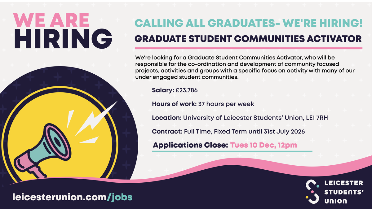 🚨Calling all graduates
We're looking for a Graduate Student Communities Activator, who will be responsible for the co-ordination &amp; development of community focused projects and groups with a focus on activity with our under engaged student communities.
👉leicesterunion.com/jobs/currentva…