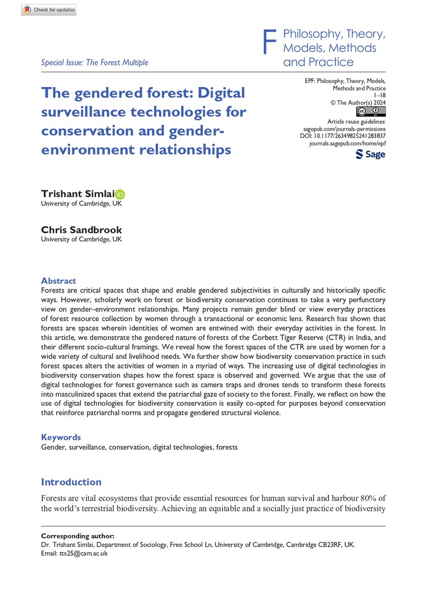 “The gendered forest”, a new paper by Trishant Simlai <a href="/trishantsimlai/">Trishant</a> and Chris Sandbrook <a href="/csandbrook/">Chris Sandbrook</a>, critically examines the gendered implications of surveillance technologies, such as camera traps and drones, in forest environments: journals.sagepub.com/doi/full/10.11…