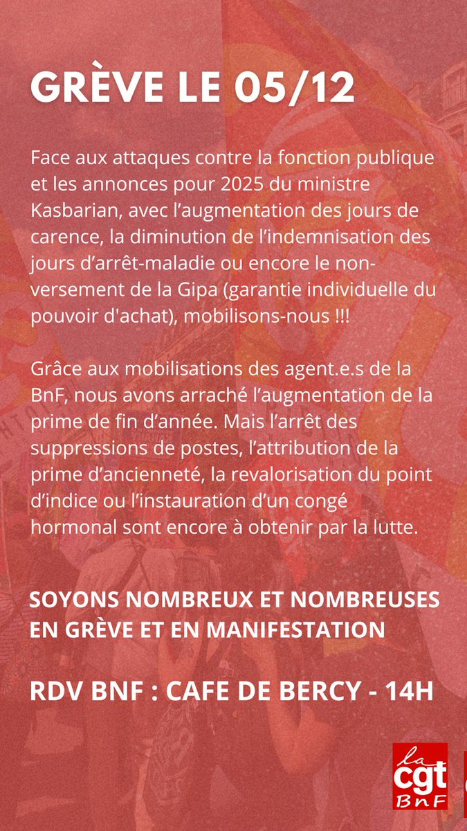 La bibliothèque Sainte-Barbe est fermée, le chateau de Versailles aussi, la moitié du personnel de la BnF en grève ! Face aux attaques contre la fonction publique et les annonces de Kasbarian : mobilisons-nous. Rdv en manifestation partout. A Paris rdv à 14h à Bercy !