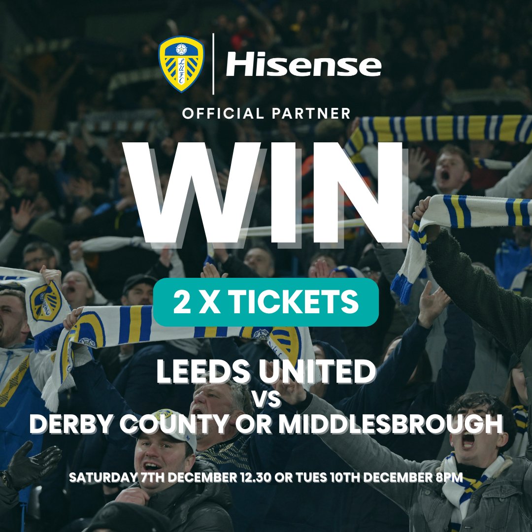 Hisense UK (@hisenseuk) on Twitter photo WIN! 2 <a href="/LUFC/">Leeds United</a> home tickets to a match of your choice!
To enter:
🤍 Comment the match you want to attend, Derby or Middlesbrough, and <a href="/HisenseUK/">Hisense UK</a>
🤍 Like and reshare this post!
Competition closes at midday on Friday 6th December.
Three winners per match will be chosen, T&Cs WIN! 2 <a href="/LUFC/">Leeds United</a> home tickets to a match of your choice!
To enter:
🤍 Comment the match you want to attend, Derby or Middlesbrough, and <a href="/HisenseUK/">Hisense UK</a>
🤍 Like and reshare this post!
Competition closes at midday on Friday 6th December.
Three winners per match will be chosen, T&Cs
