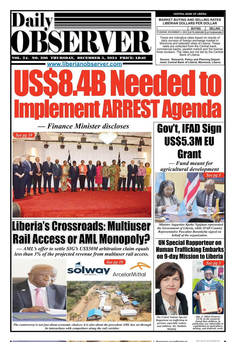 Liberianobserver.com (@libobserver) on Twitter photo #Liberia #Headlines December 5, 2024. <a href="/AMLiberia/">ArcelorMittal Lib</a> <a href="/IFAD/">International Fund for Agricultural Development</a> <a href="/UN/">United Nations</a> on #HumanTrafficking #Liberia #Headlines December 5, 2024. <a href="/AMLiberia/">ArcelorMittal Lib</a> <a href="/IFAD/">International Fund for Agricultural Development</a> <a href="/UN/">United Nations</a> on #HumanTrafficking