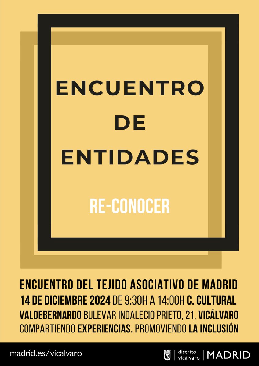 ¡Te invitamos al Encuentro de Entidades organizado por la JMD de Vicálvaro! ✨
🗓️ 14 diciembre 2024
🕐9:30 - 14:00 
📍Centro Cultural Valdebernardo  
Más info en 👇instagram.com/p/DDMPfyFosF9/…