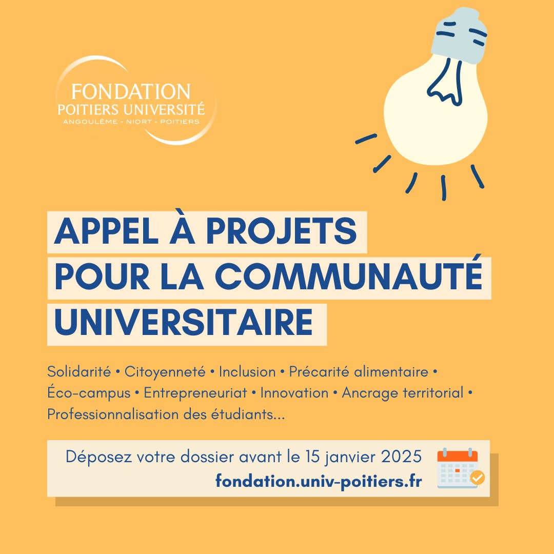 📢 Étudiants, personnels, enseignants-chercheurs de l'<a href="/UnivPoitiers/">Université de Poitiers</a>, vous avez un projet qui s'inscrit dans les axes de la <a href="/FonPoitiersUniv/">Fondation Poitiers Université</a> ? 

L'appel à projets 2025 est ouvert !

⏰ Déposez votre dossier avant le 15 janvier.

👉 Plus d'infos : fondation.univ-poitiers.fr/appel-a-projet…
