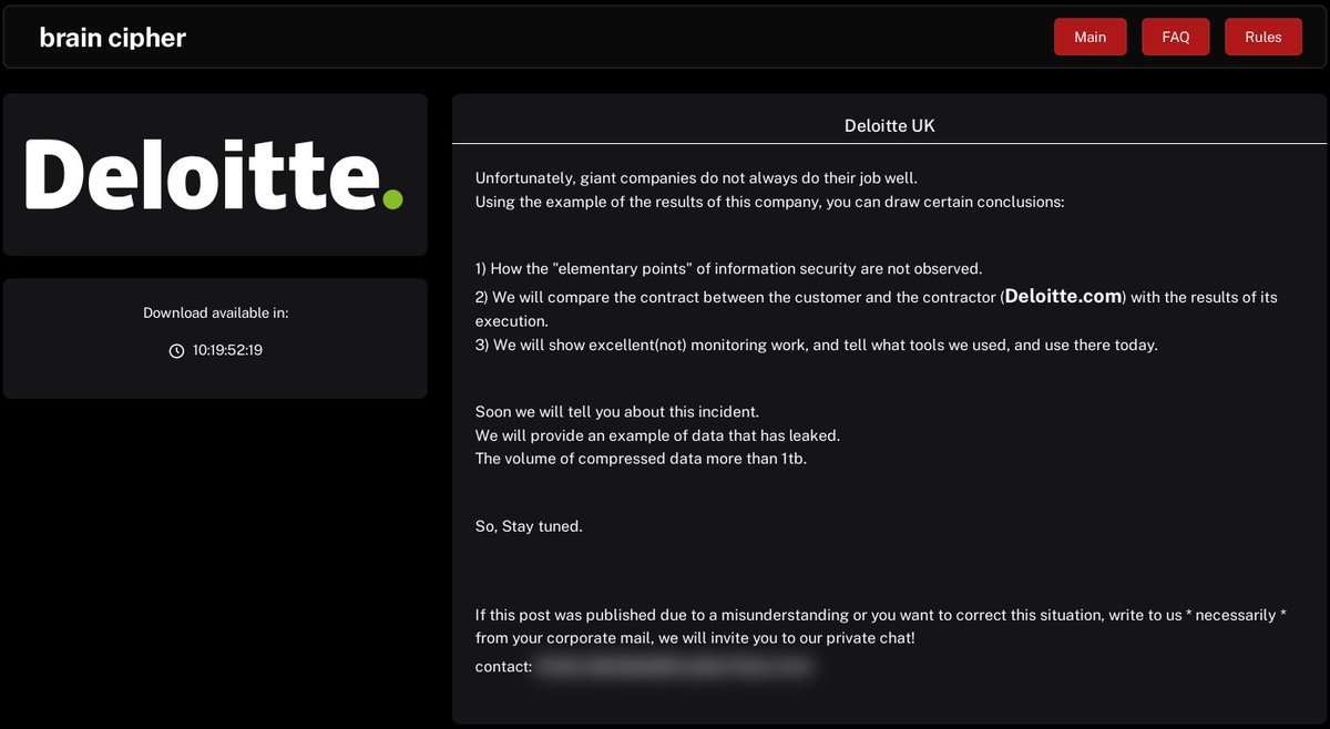 S4vitar's tweet photo. Deloitte UK hackeada por el grupo ransomware Brain Cipher. Alegan haber robado más de 1 TB de datos sensibles incluyendo contratos y herramientas de monitoreo.

Podrían exponer información crítica de clientes.

¿El mayor escándalo de ciberseguridad de 2024?

https://t.co/rz3kPNmzvk