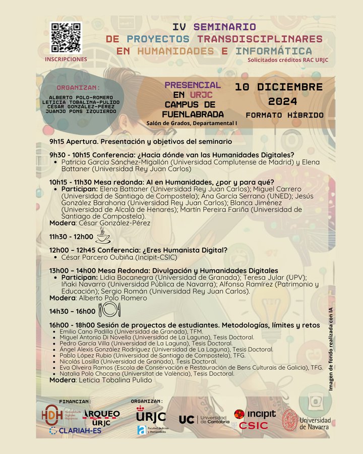 El 10 de diciembre, nuestra compañera <a href="/Lidia_Bocanegra/">Lidia Bocanegra</a> participará en la mesa redonda del IV Seminario de Proyectos Transdisciplinares, hablando sobre divulgación y humanidades digitales.

📅 ¡Asistencia gratuita y online!
🔗 Inscríbete aquí: forms.gle/MeTj1XWB4UiPTZ…