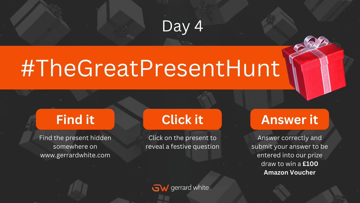 Gerrard_White's tweet photo. We're already 4 days into our #TheGreatPresentHunt - It's not too late to join in the fun...

Find the present hidden somewhere on https://t.co/SXa5C1mpxt, click on it to reveal a festive question, answer it correctly and submit your answer - you could win £100 Amazon Voucher. https://t.co/9mSU3VAs3l