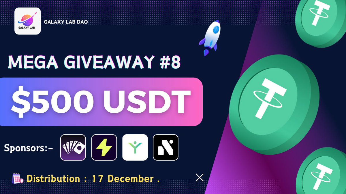 Galaxylabss's tweet photo. 🥳 Galaxy lab Dao Mega #Giveaway 8

🏆 Prize Pool:- $500 $USDT For Giveaway

✅ Complete #TaskOn ⤵️
https://t.co/BuYqXauEiB

🤝 Thank you very Much to our sponsors :- @Full_House_GG, @LiftDataAI ,@YayPalio, & @nicegramapp

#Airdrops #Giveaway #BSC #Crypto #BNB #FCFS #IDO #NFT #TaskOn