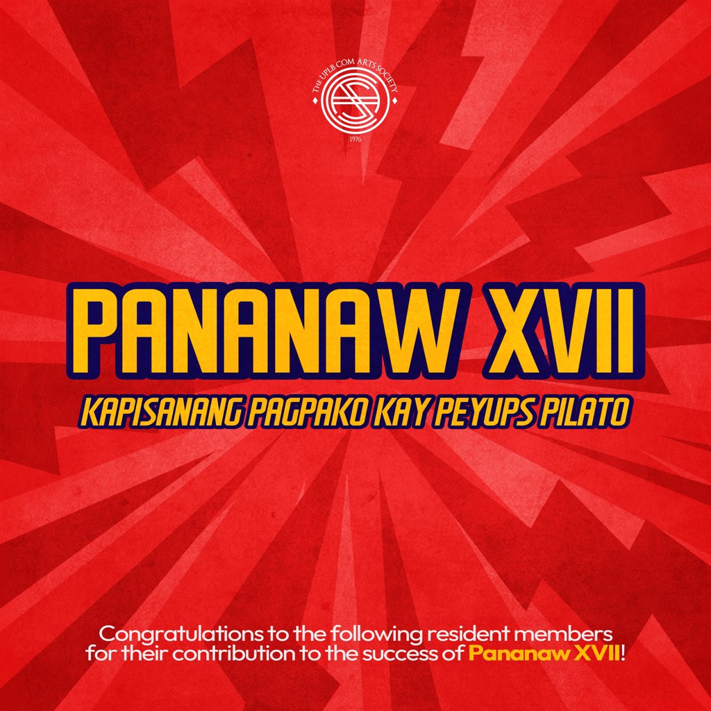 UPLBComArtSoc's tweet photo. The Society celebrates its resident members for their invaluable contributions towards the success of the publishing and launch of the creative folio Pananaw XVII: Kapisanang Pagpako kay Peyups Pilato! ✒️
#StrengthInSynergy⚡
#BastaComArtSocPasok https://t.co/moDDk2V1Cv