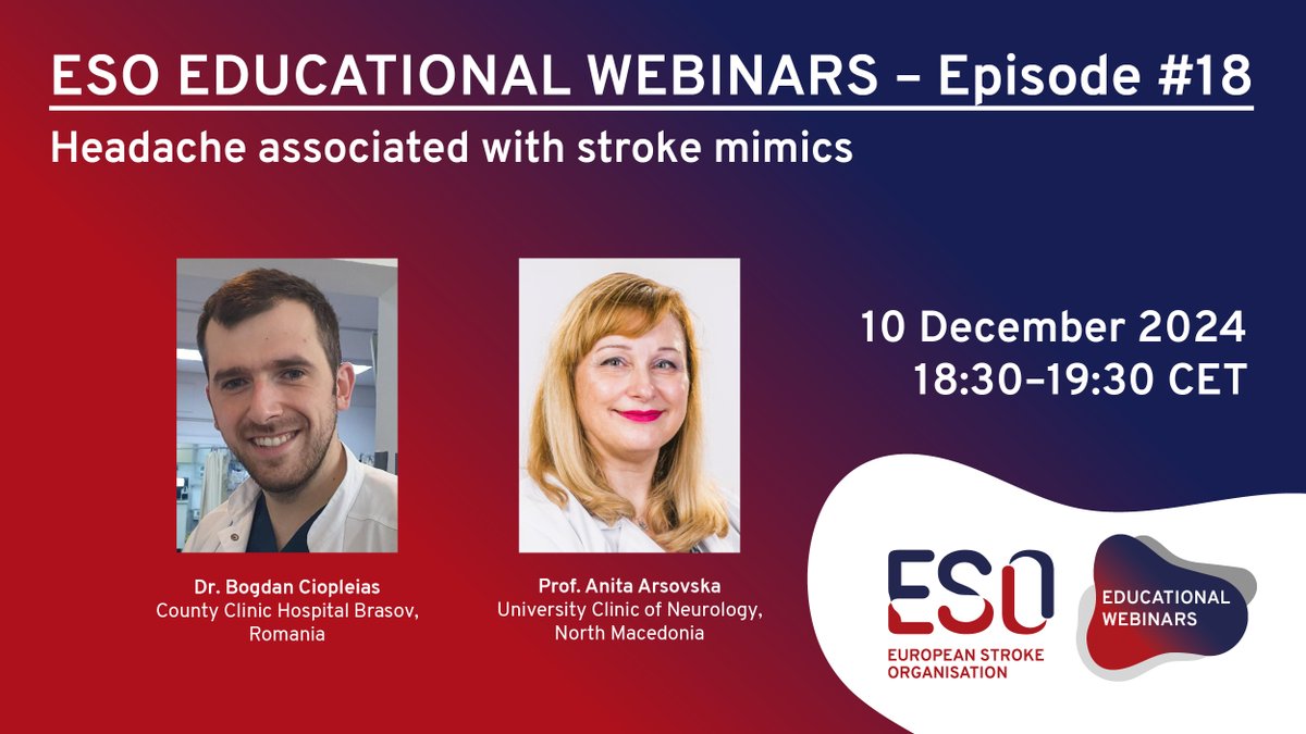 European Stroke Org (@esostroke) on Twitter photo 📢Registration still open for the webinar on "Headache Associated with Stroke Mimics", on 10 December 2024, 18:30-19:30 CET,
🔗 ow.ly/wT0W50U6OMv
🗣️Speakers:
Dr. <a href="/bciopleias/">Bogdan Ciopleias</a>
Prof.<a href="/arsovska_anita/">Anita Arsovska</a>
#stroke #strokecare #strokeresearch #stroketwitter #strokeeducation #ESOWebinar 📢Registration still open for the webinar on "Headache Associated with Stroke Mimics", on 10 December 2024, 18:30-19:30 CET,
🔗 ow.ly/wT0W50U6OMv
🗣️Speakers:
Dr. <a href="/bciopleias/">Bogdan Ciopleias</a>
Prof.<a href="/arsovska_anita/">Anita Arsovska</a>
#stroke #strokecare #strokeresearch #stroketwitter #strokeeducation #ESOWebinar