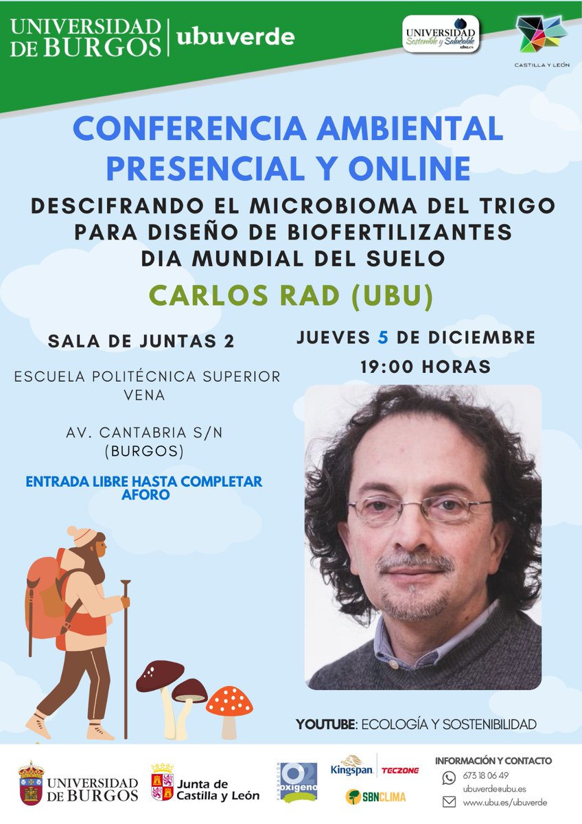 Hoy celebramos el #DíaMundialdelSuelo y os invitamos a asistir la conferencia ambiental organizada por <a href="/UbuVerde/">UBUverde</a> con la participación de Carlos Rad <a href="/crad62/">Carlos Rad🌾</a>, que presentará el proyecto <a href="/Tribiomeproject/">Tribiome</a>.

🕖19:00h.
📍EPS, Río Vena.
🔗ubu.es/agenda/confere…

#DíadelSuelo