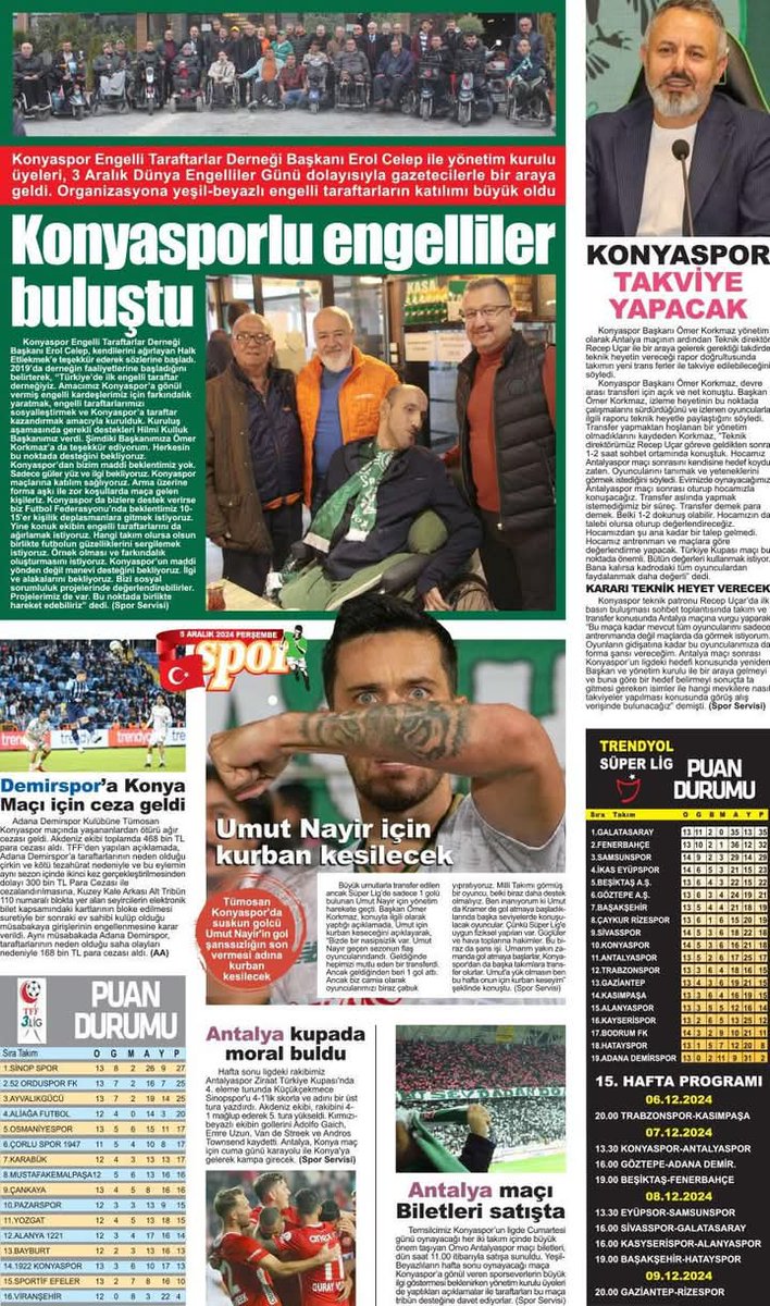 KONYASPOR ENGELLİ TARAFTARLAR DERNEGİ (@engelli_dernegi) on Twitter photo 3 Aralık Dünya Engelliler Günü münasebetiyle üyelerimiz ile buluştuk. Bizi yanlız bırakmayan Duayen Gazetecilere teşekkür ederiz...
<a href="/konyaspor/">TÜMOSAN Konyaspor</a>
<a href="/OsmanBaharoglu/">Osman Baharoğlu</a>
<a href="/HuseyinTurgutTH/">Hüseyin Turgut</a>
<a href="/konyaekspres/">Murat DÖNMEZ</a>
<a href="/fatihhseker/">Fatih Şeker</a>
<a href="/ugurozteke/">uğur özteke</a>
<a href="/AKocaoglu42/">Atilla Kocaoğlu</a> 3 Aralık Dünya Engelliler Günü münasebetiyle üyelerimiz ile buluştuk. Bizi yanlız bırakmayan Duayen Gazetecilere teşekkür ederiz...
<a href="/konyaspor/">TÜMOSAN Konyaspor</a>
<a href="/OsmanBaharoglu/">Osman Baharoğlu</a>
<a href="/HuseyinTurgutTH/">Hüseyin Turgut</a>
<a href="/konyaekspres/">Murat DÖNMEZ</a>
<a href="/fatihhseker/">Fatih Şeker</a>
<a href="/ugurozteke/">uğur özteke</a>
<a href="/AKocaoglu42/">Atilla Kocaoğlu</a>