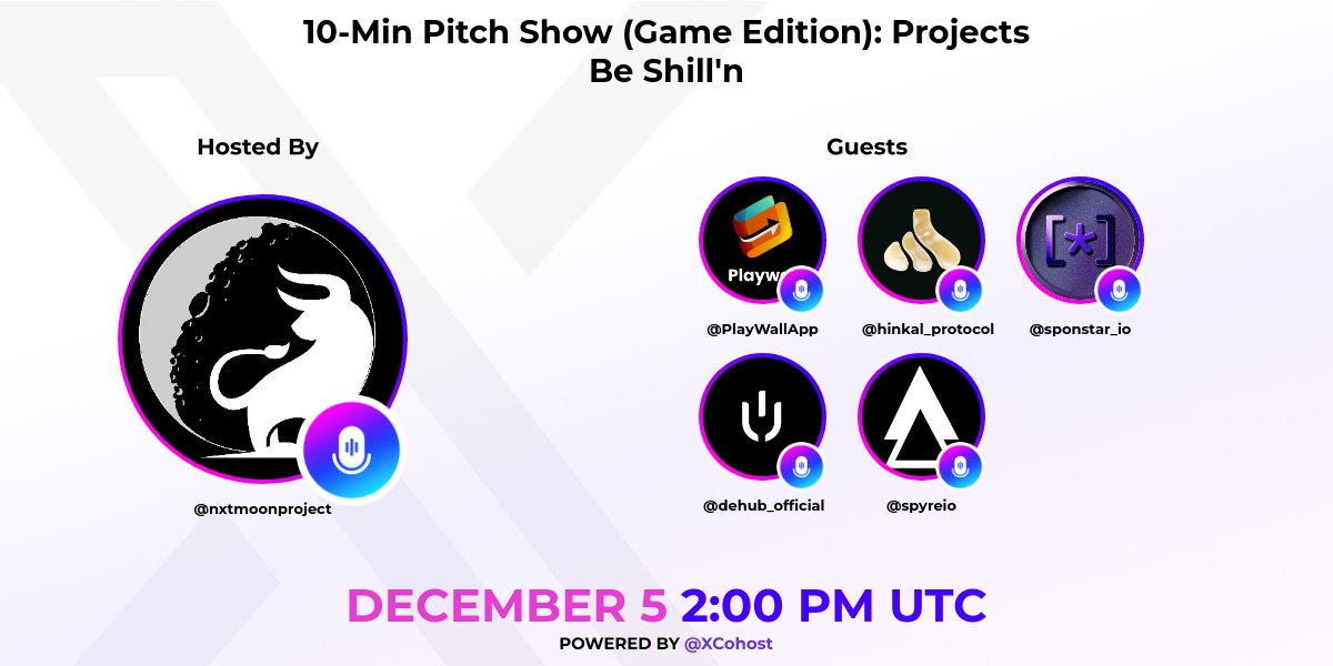 🗓️Thursday, 5th December 2:00 PM UTC
📍 x.com/i/spaces/1ynJO…

Join our Roundtable:
<a href="/nxtmoonproject/">NXTmoon</a>
<a href="/hinkal_protocol/">hinkal</a>
<a href="/PlayWallApp/">PlayWall</a>
<a href="/sponstar_io/">Sponstar™ powered by Arbitrum</a>
<a href="/dehub_official/">DeHub</a>
<a href="/spyreio/">SpyreIO</a>